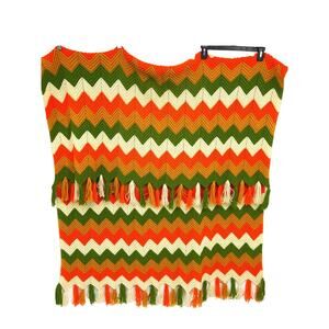 Vintage Zigzag Crochet Multicolor Throw Blanket with Fringe on Sides 46" x 62"